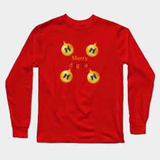 Merry Dogmas and Border Collie Head with Reindeer Ear in Golden Christmas Baubles Long Sleeve T-Shirt